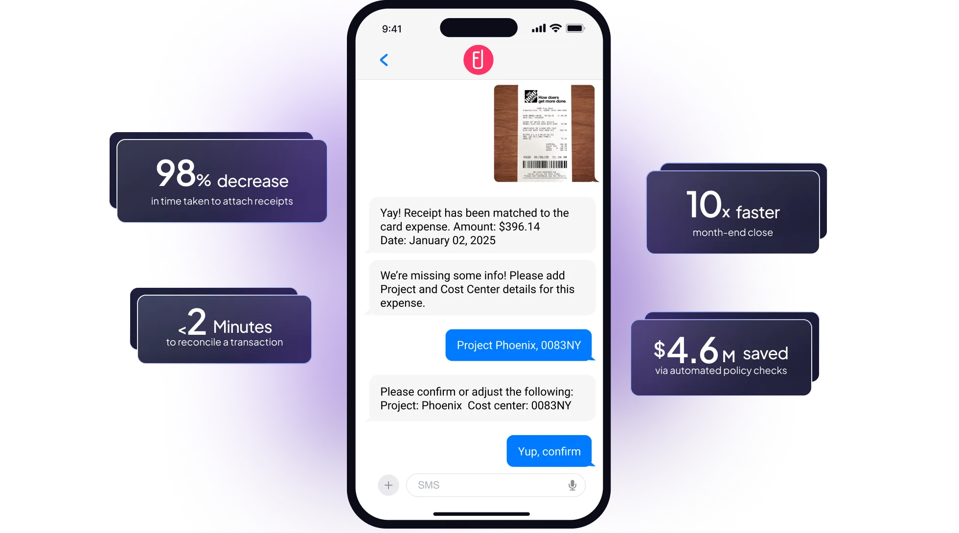 Phone showing how users can text a receipt to Fyle, with key statistics