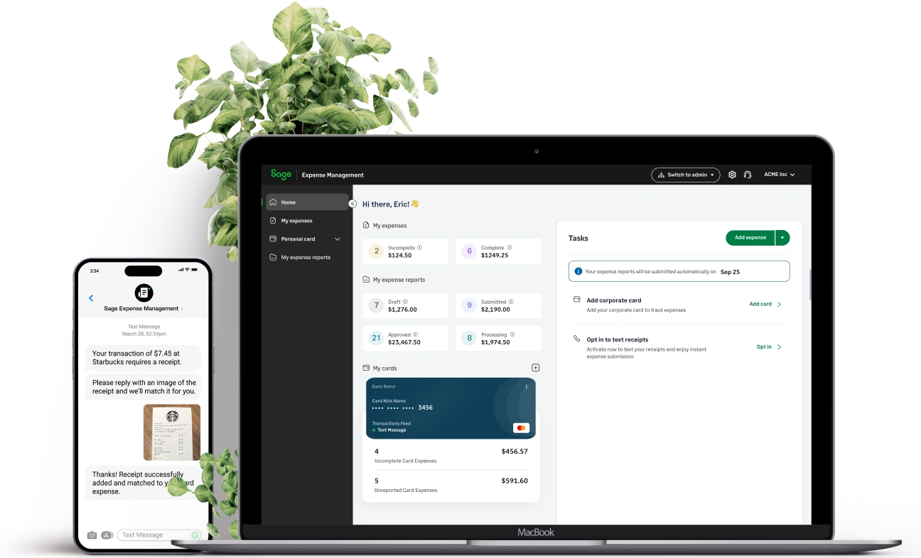 Sage Expense Management dashboard displayed on a laptop and mobile phone, showing real-time expense tracking and reports.