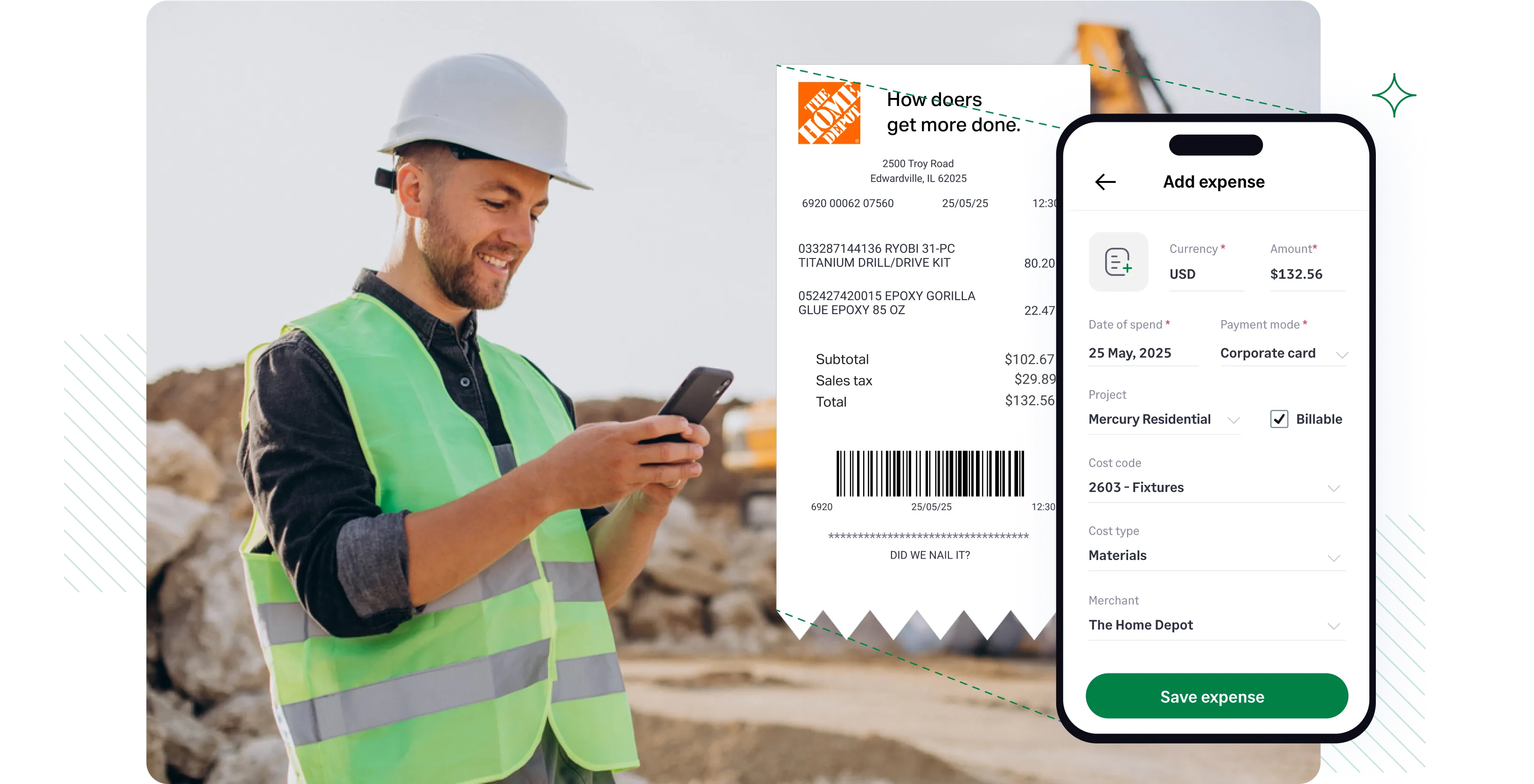 Construction field employee using Sage Expense Management to submit expenses