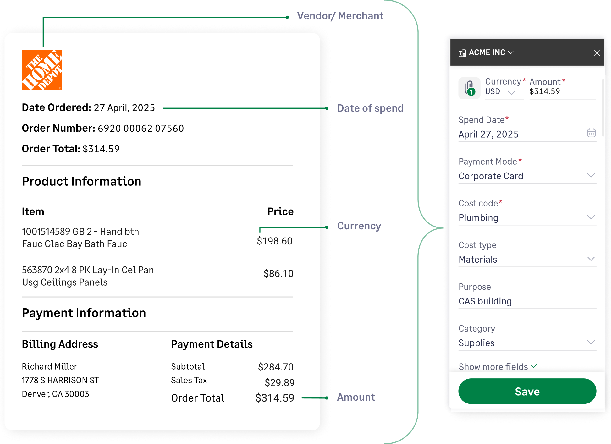 Easy receipt capture and expense coding features