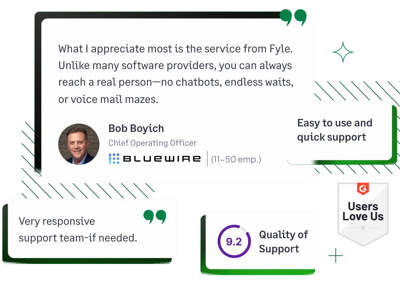 Customer testimonial praising Fyle for its exceptional customer support