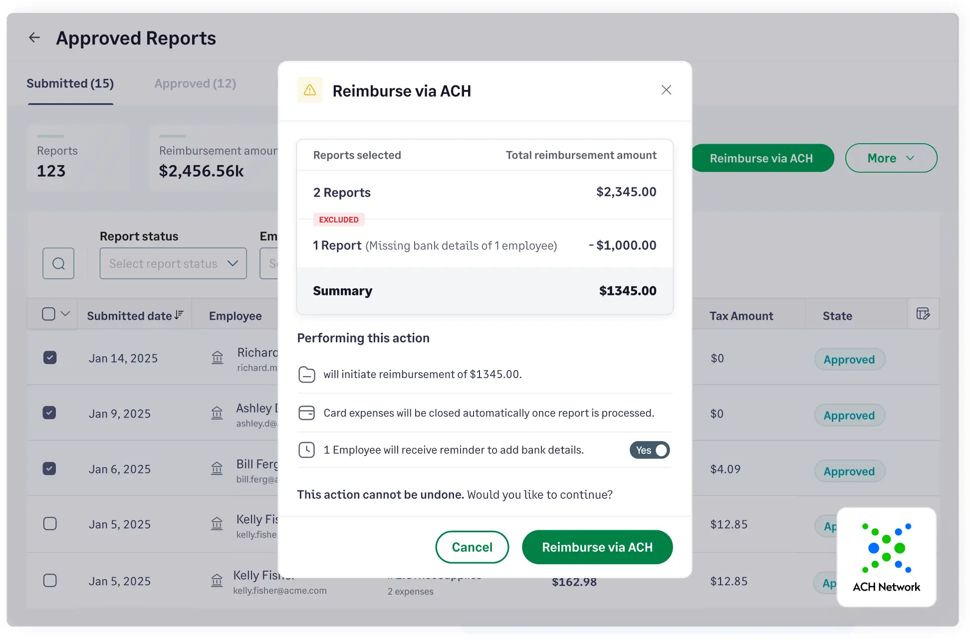 Pay expense reimbursements directly with Sage Expense Management's employee reimbursement software via ACH