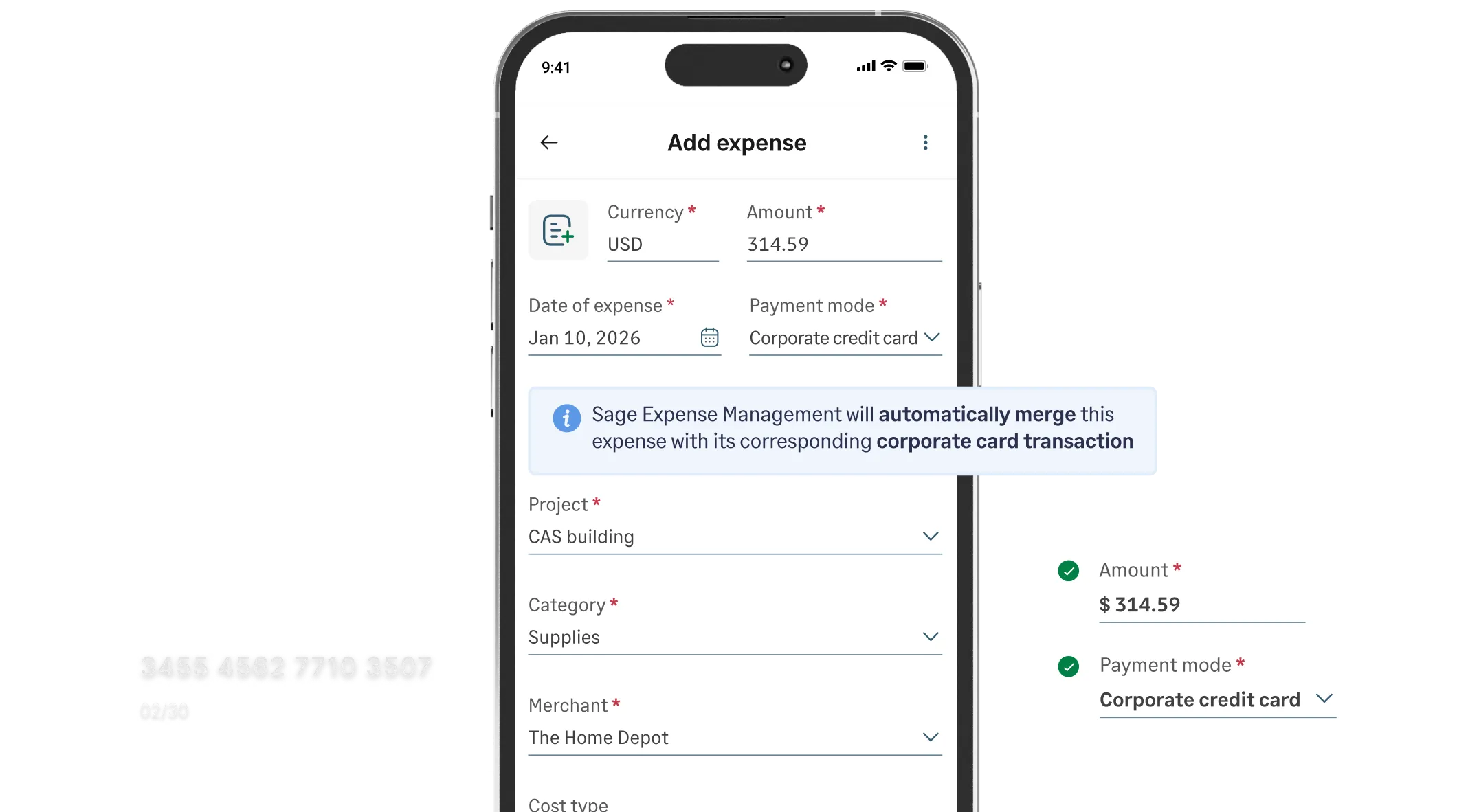 Sage Expense Management mobile app showing an expense being reconciled with a card transaction.