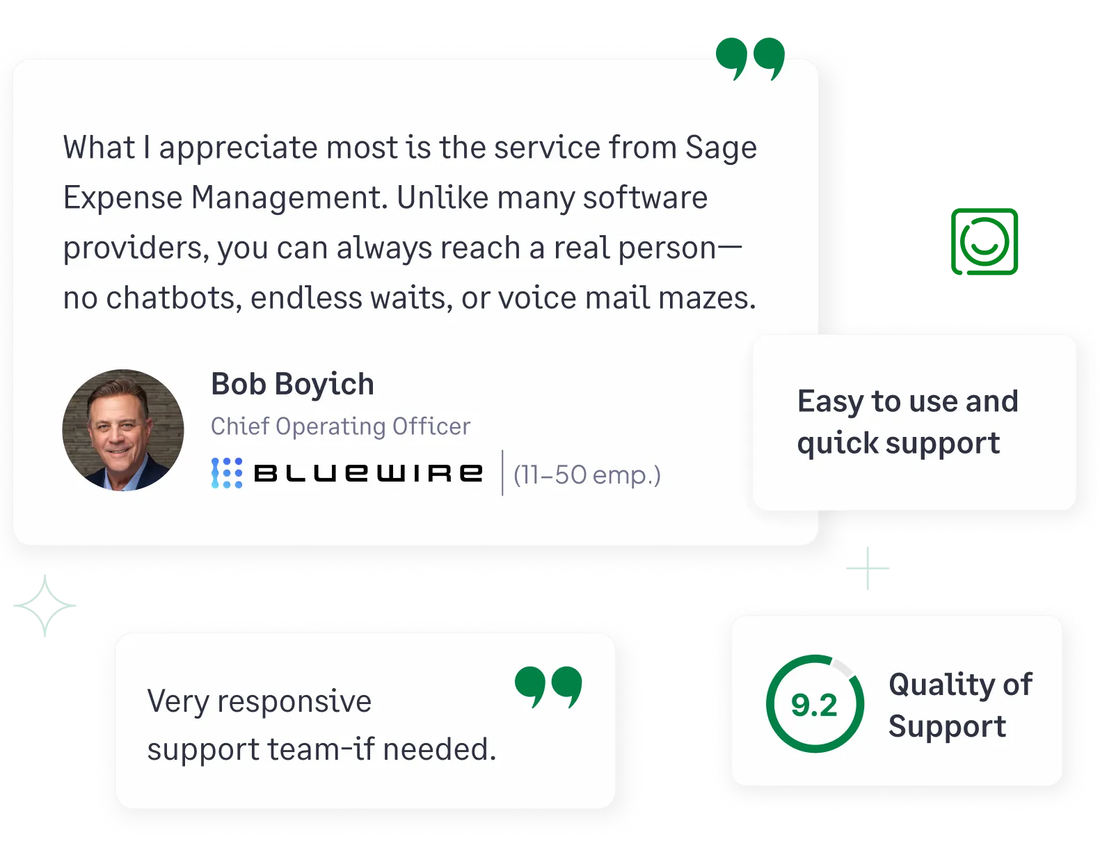 Customer testimonials highlighting Sage Expense Management’s support team. 