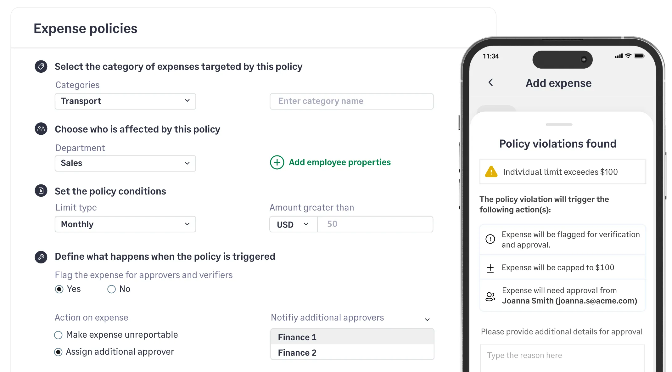 Sage Expense Management screen for configuring expense policies and a mobile view showing a policy violation alert
