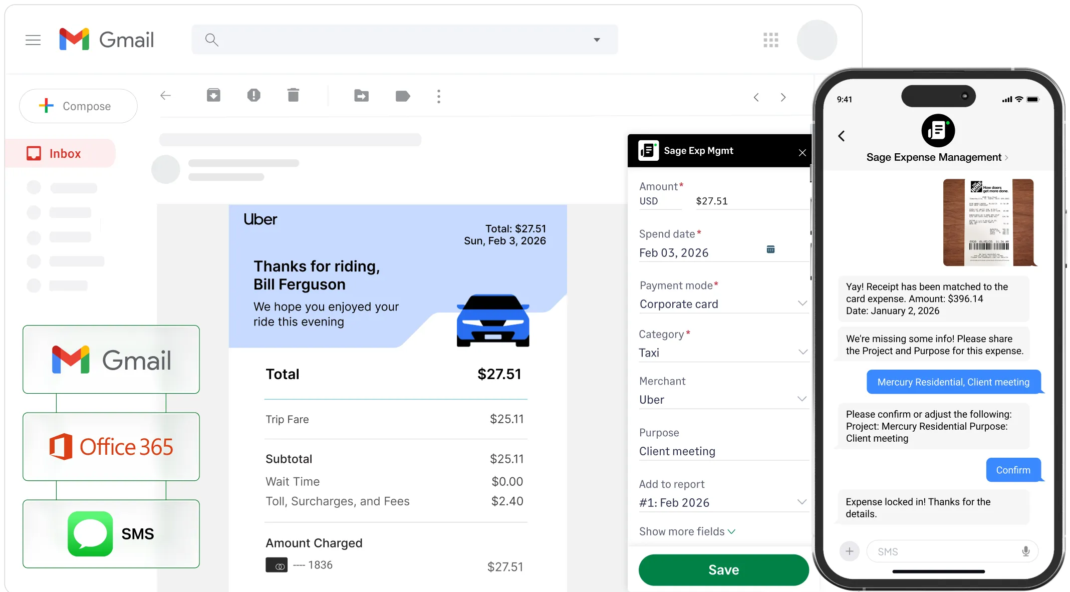 Receipt capture features of Sage Expense Management via Gmail, Outlook, and text message