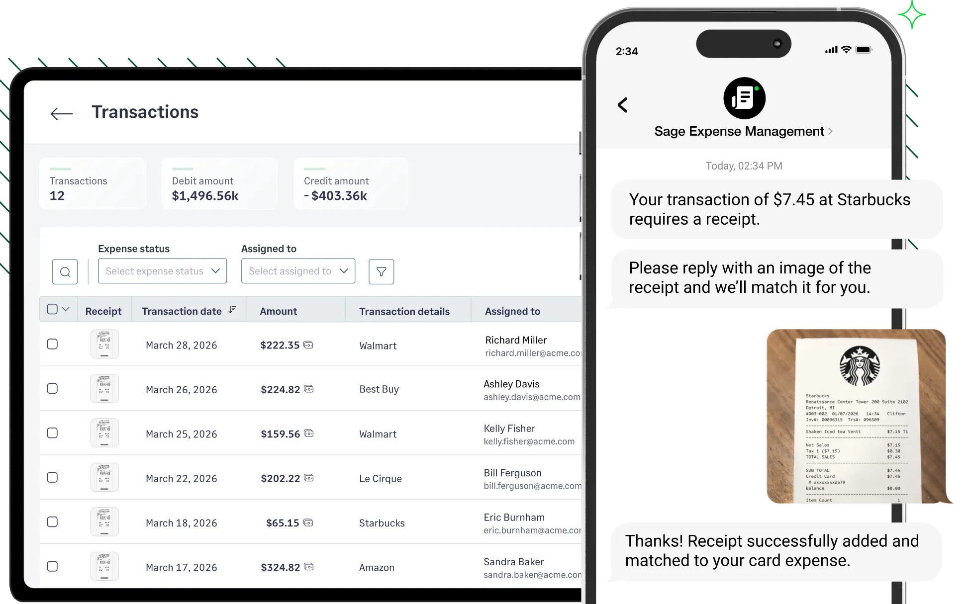Sage Expense Management dashboard with card transactions alongside text based receipt matching.