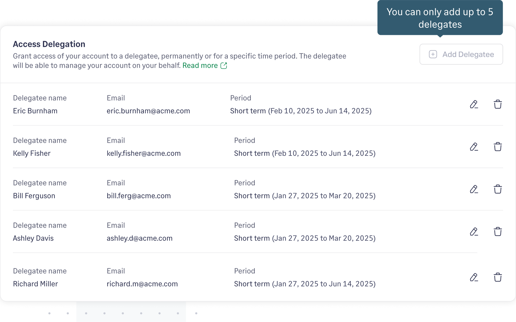 Fyle account delegation interface showing how a user can assign someone for expense approval