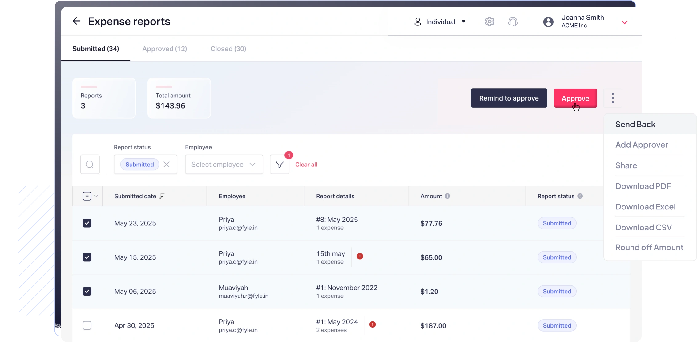 Fyle’s expense approval dashboard