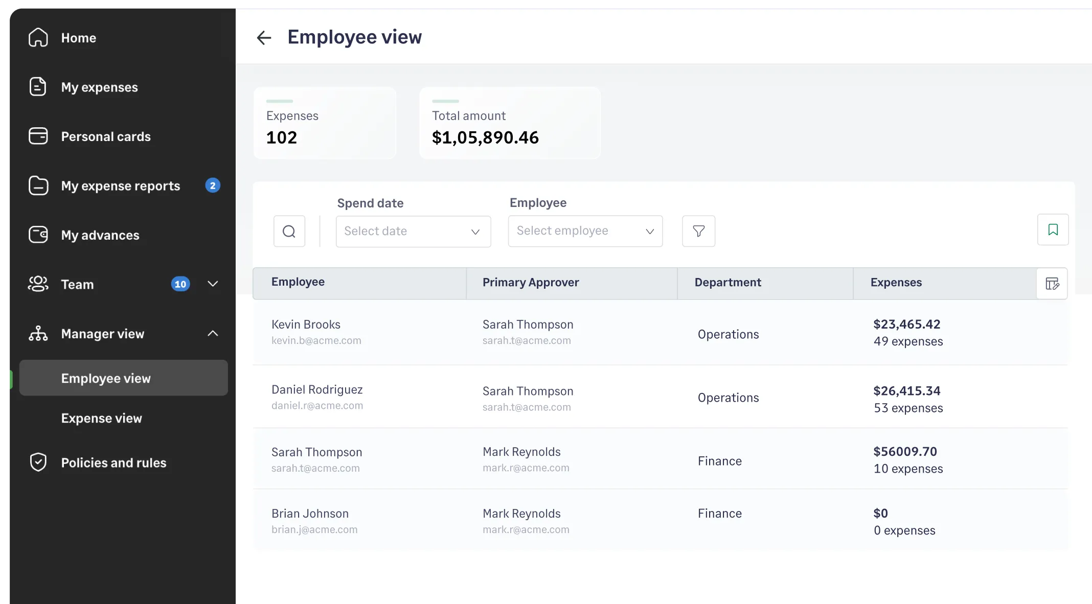 Sage Expense Management manager view dashboard