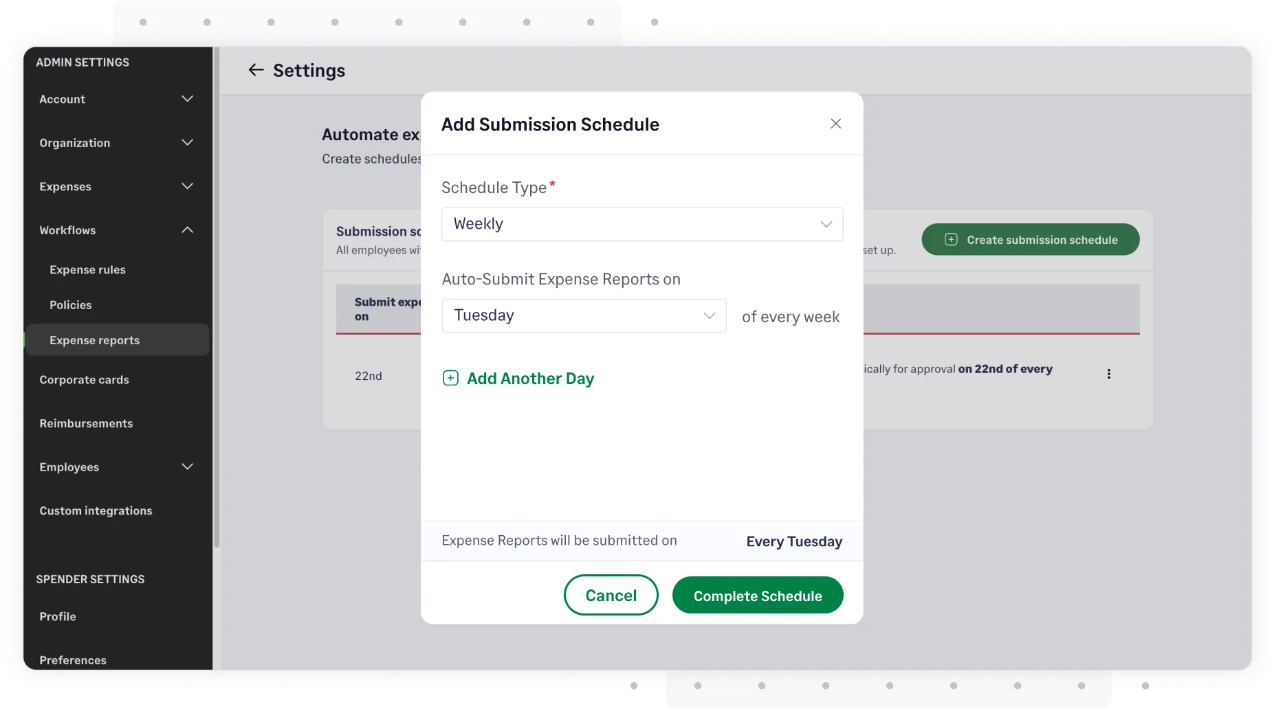 Set up automated report submission schedules on Sage Expense Management