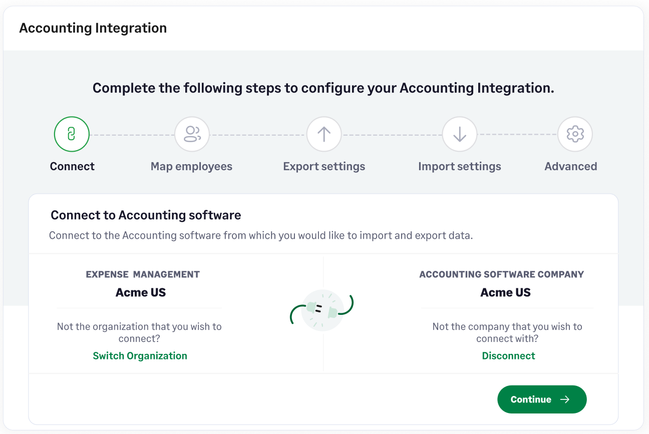 Fyle's accounting integration set up screen