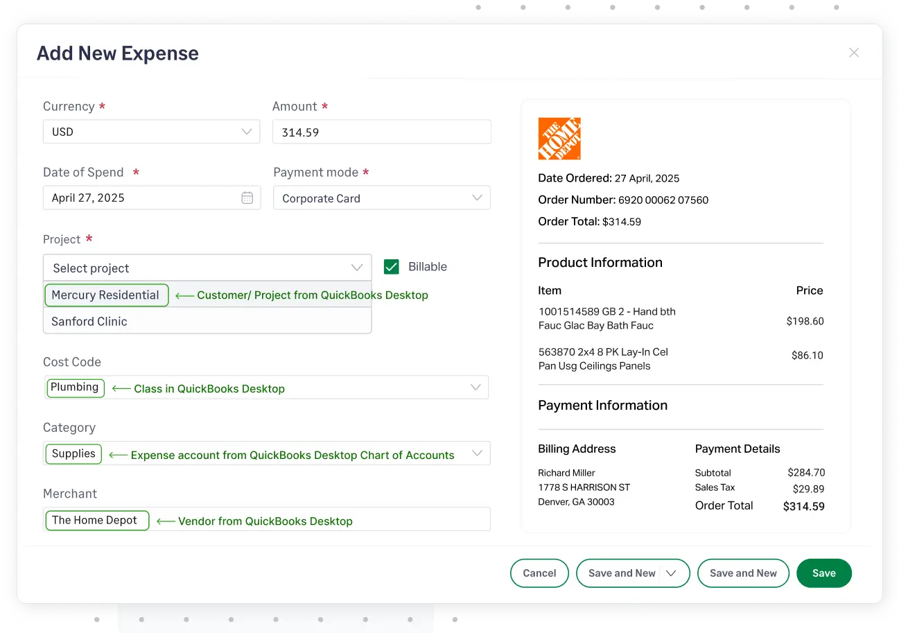 QuickBooks Desktop integration with Sage Expense Management supports automatic expense coding