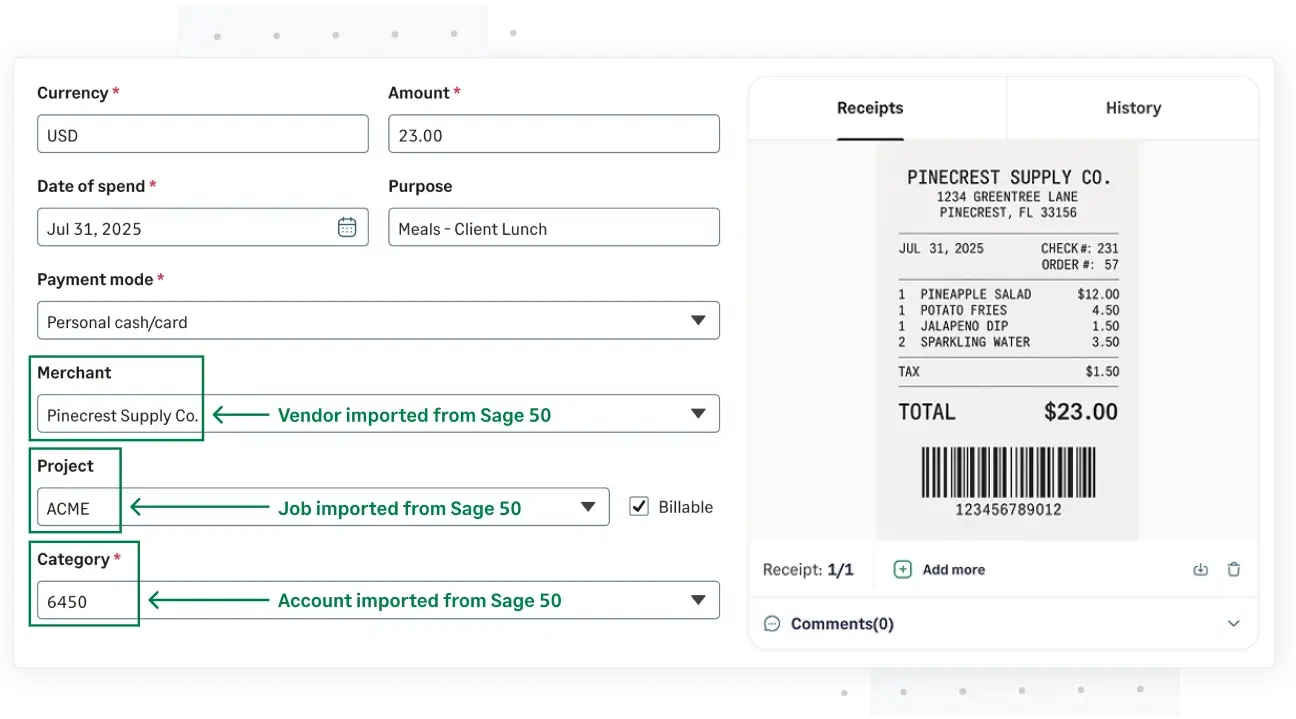 Sage 50 integration with Sage Expense Management supports automatic expense coding