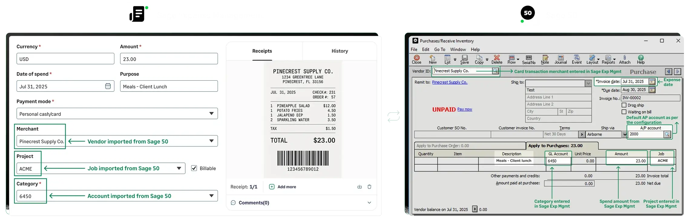 Sage Expense Management's integration with Sage 50