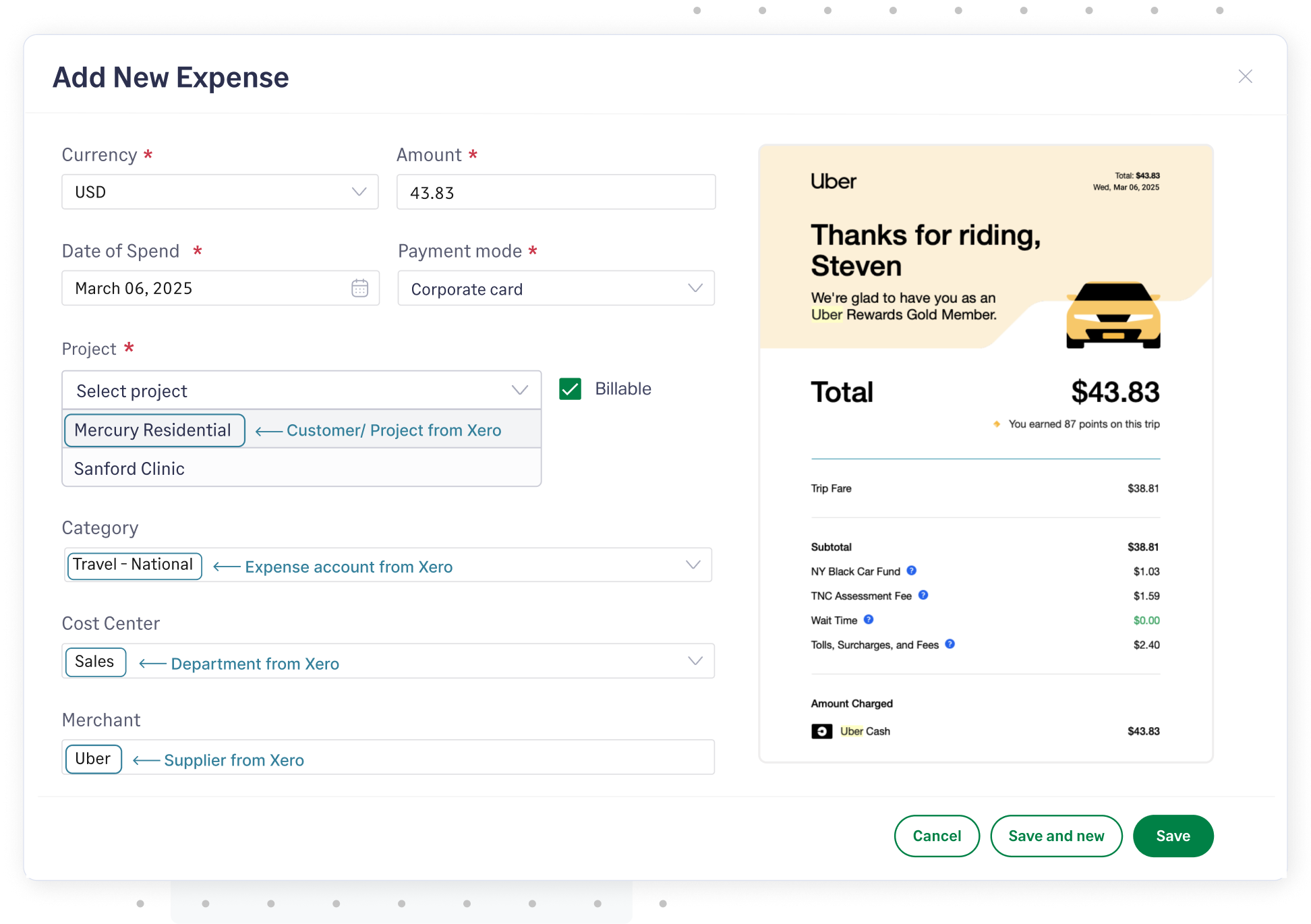 Expense form in Sage Expense Management with fields imported from Xero as dropdowns