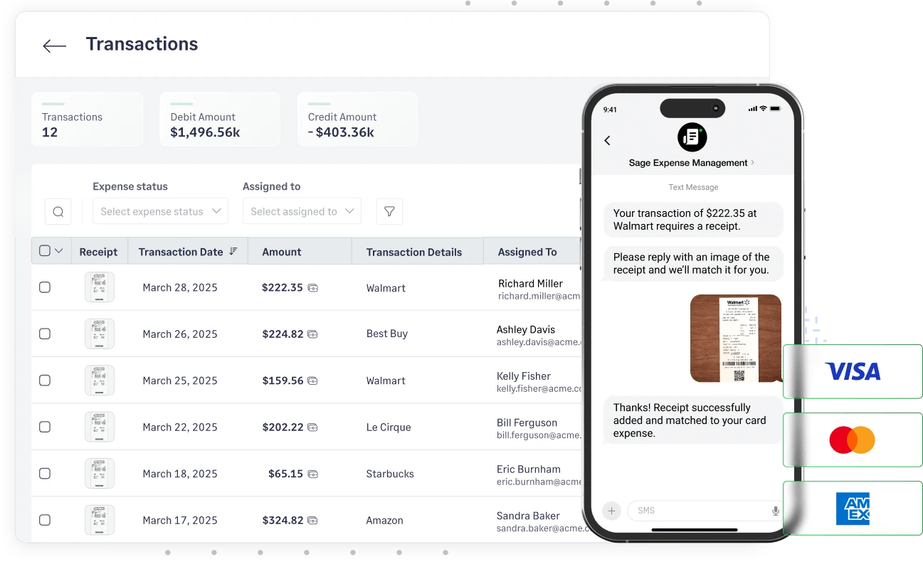 Sage Expense Management automates credit card reconciliation by submitting receipt via text message