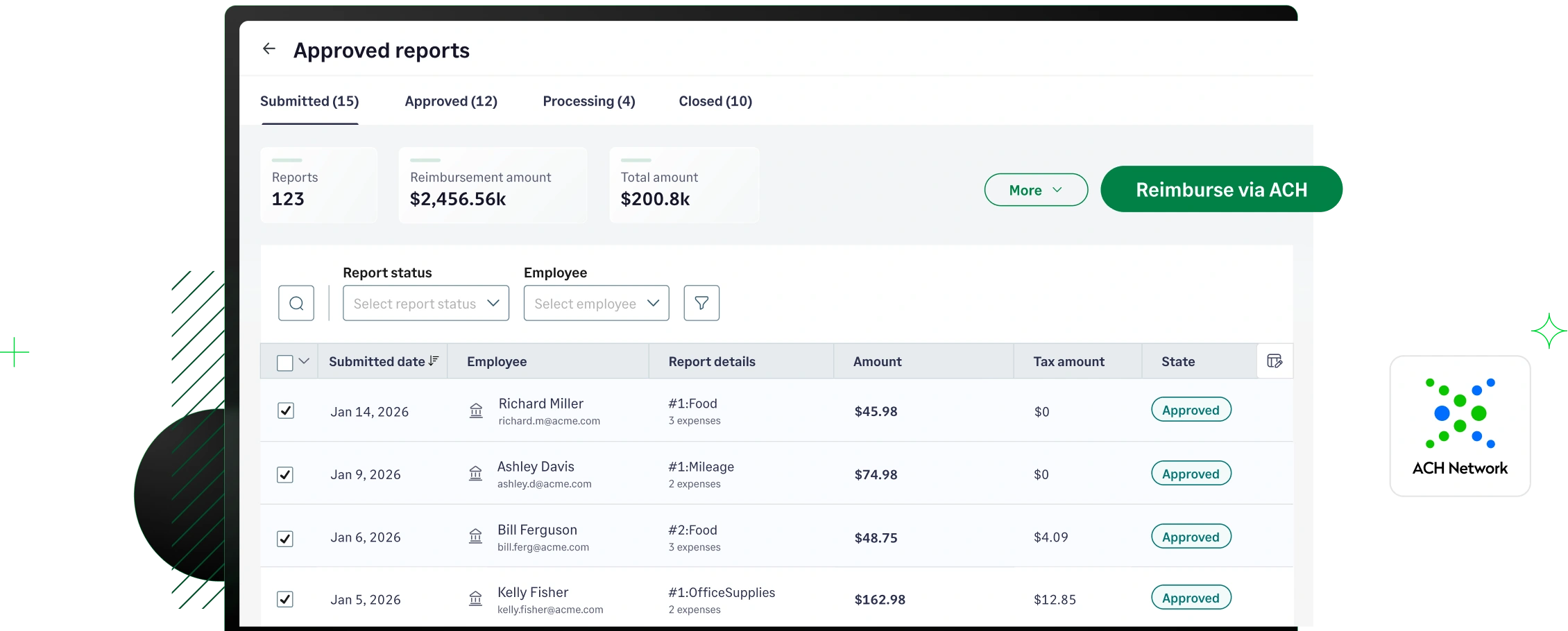 Process and track employee reimbursements faster using Sage Expense Management Express ACH
