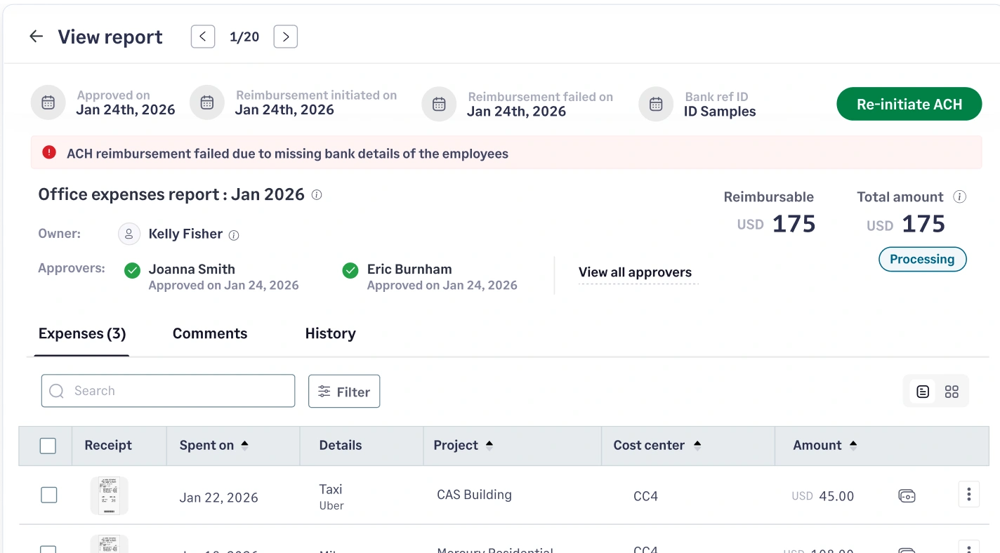 Resolve failed reimbursements quickly and re-initiate payments with Sage Expense Management
