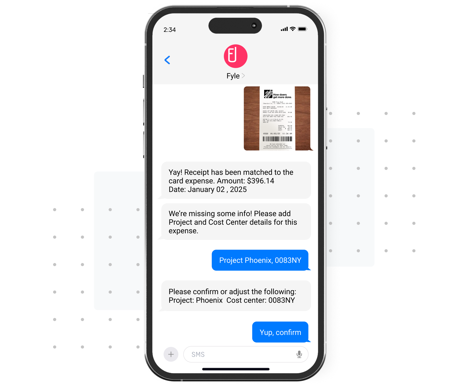Reply to the card spend notification with a receipt picture to reconcile it automatically with Sage Expense Management