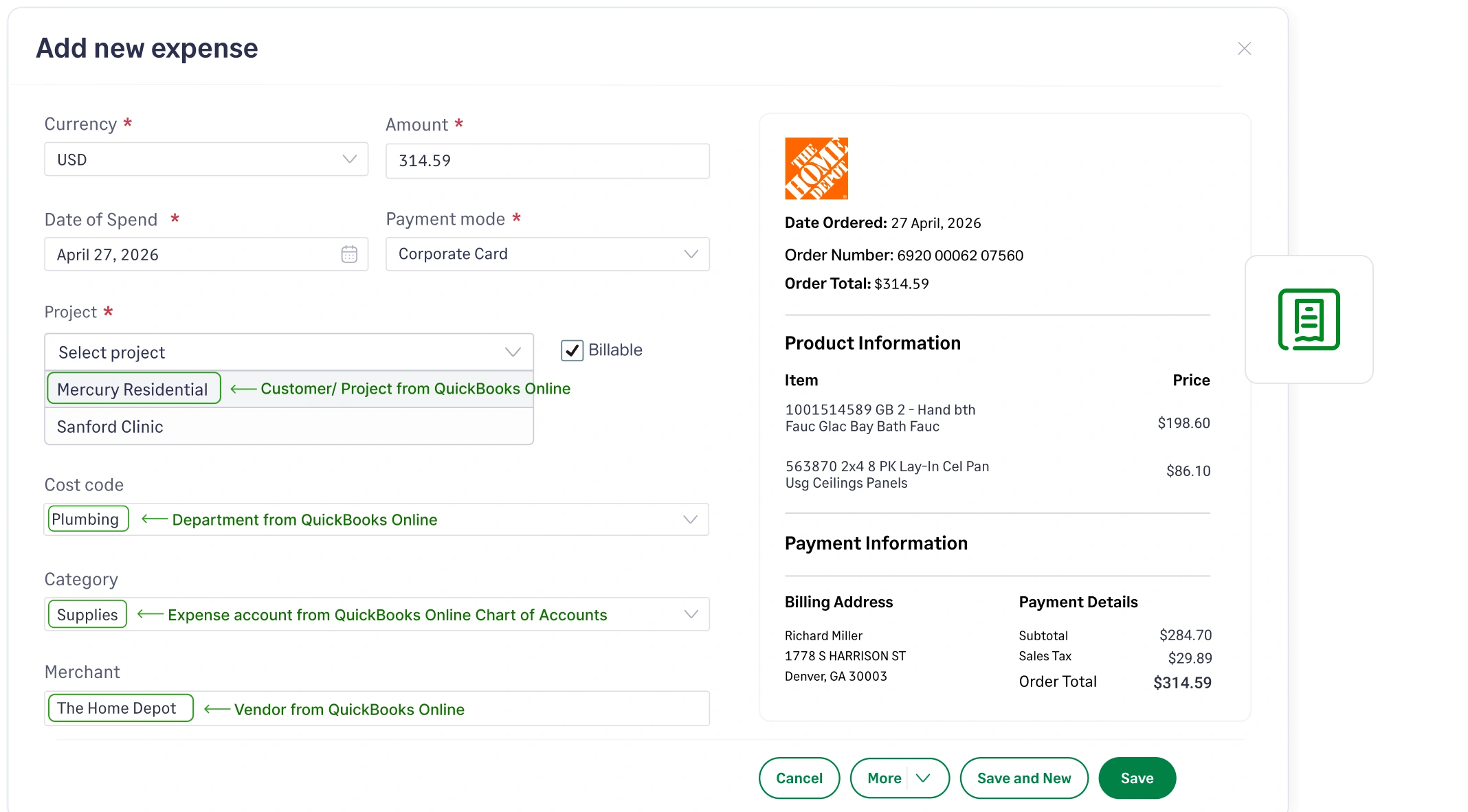 Sage Expense Management interface showing an expense form with fields automatically mapped from QuickBooks.