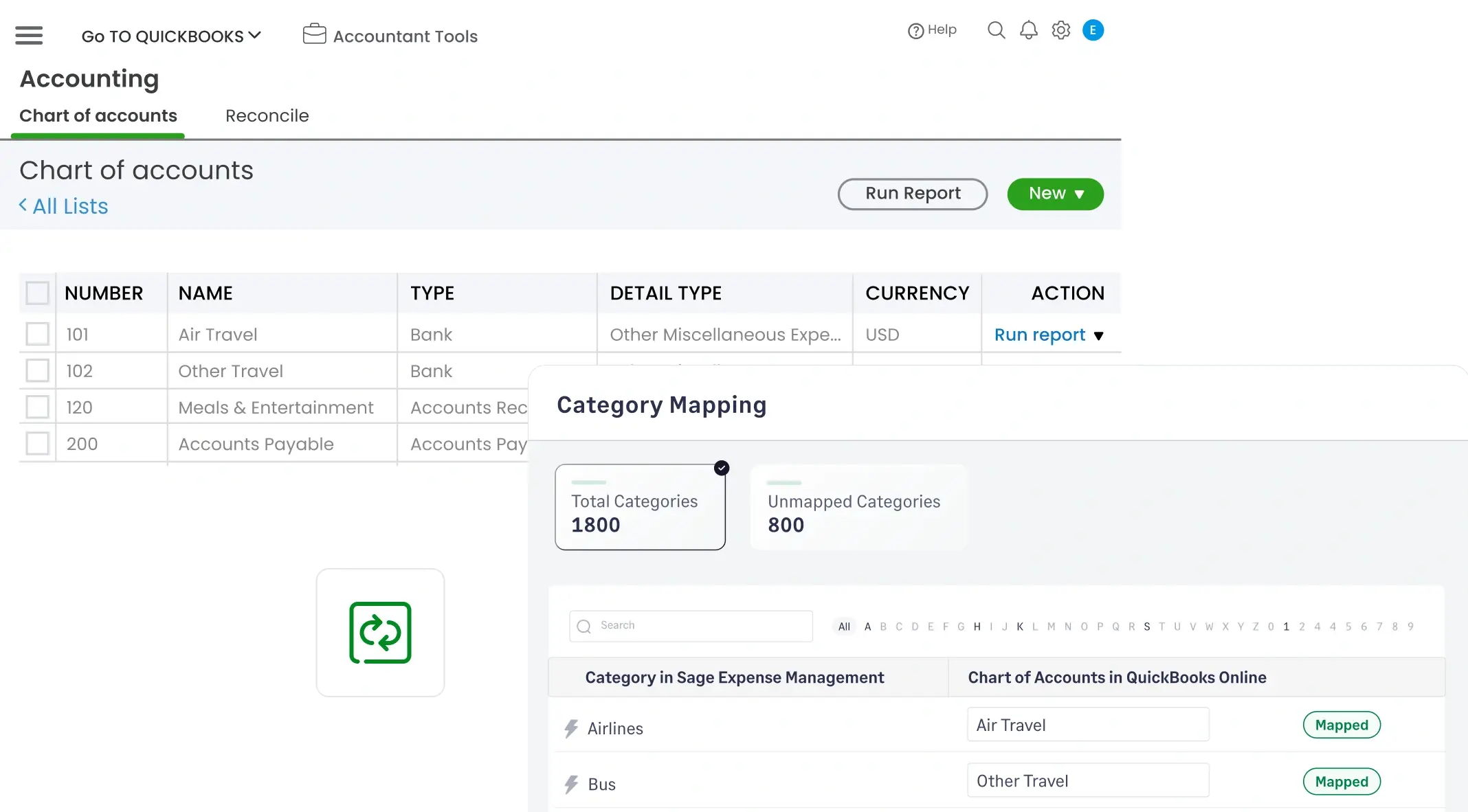 Category mapping interface showing Sage Expense Management categories being synced to the QuickBooks Chart of Accounts.