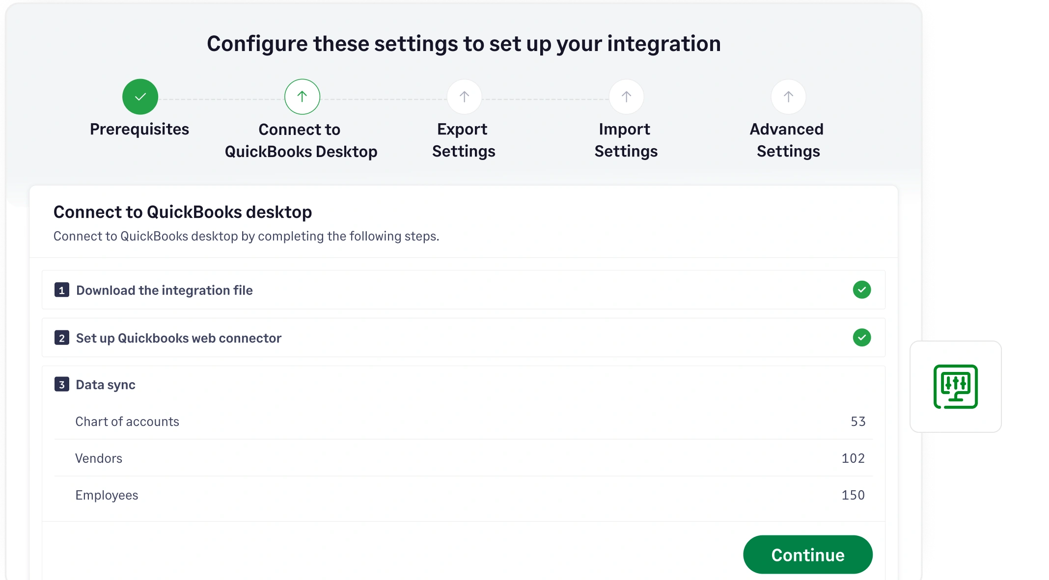 A guided integration setup screen for connecting QuickBooks, highlighting the setup and data sync for Chart of Accounts, Vendors, and Employees.