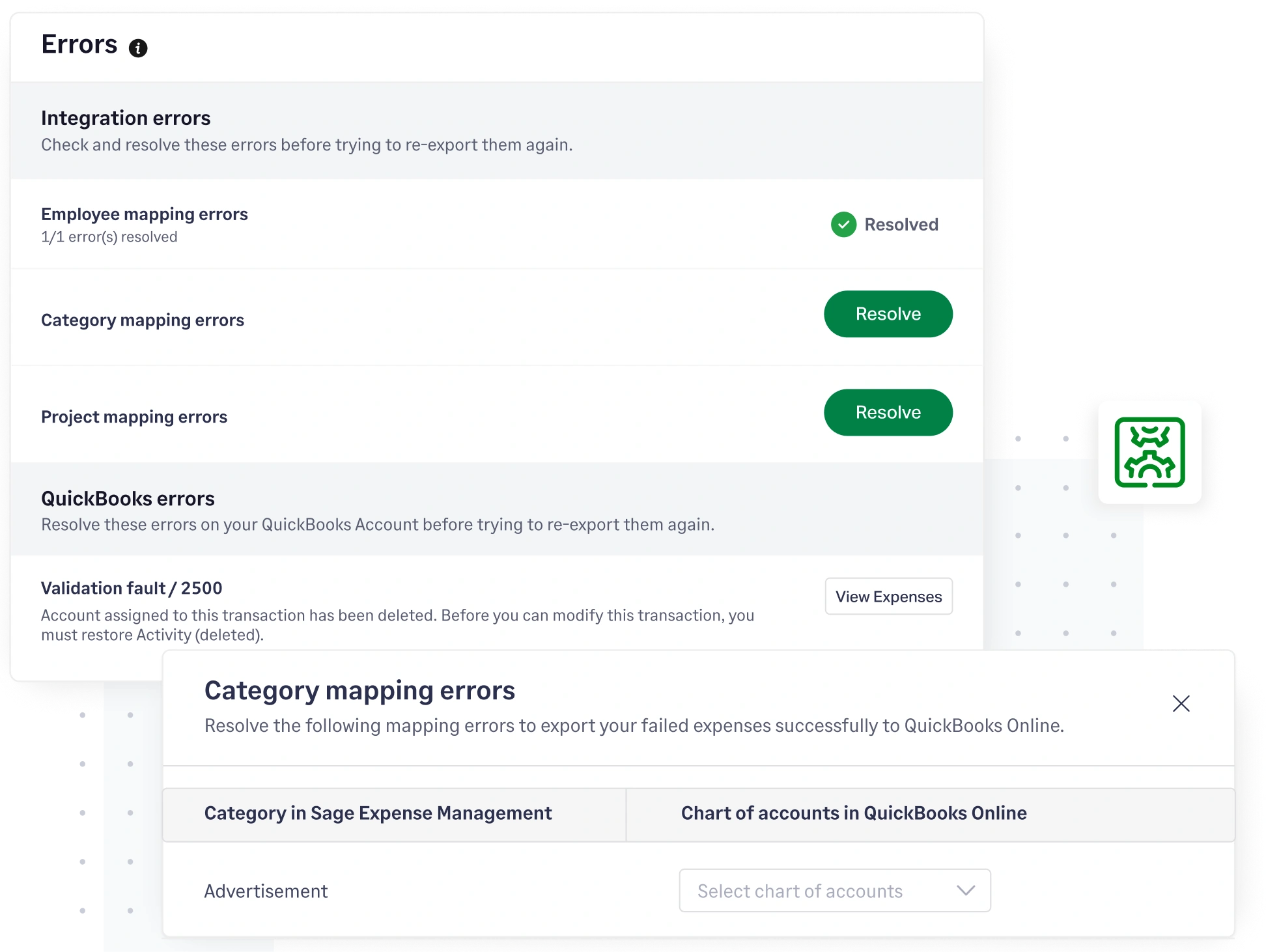 Troubleshooting dashboard for QuickBooks integration showing real-time alerts for mapping errors and validation faults with guided resolution steps.