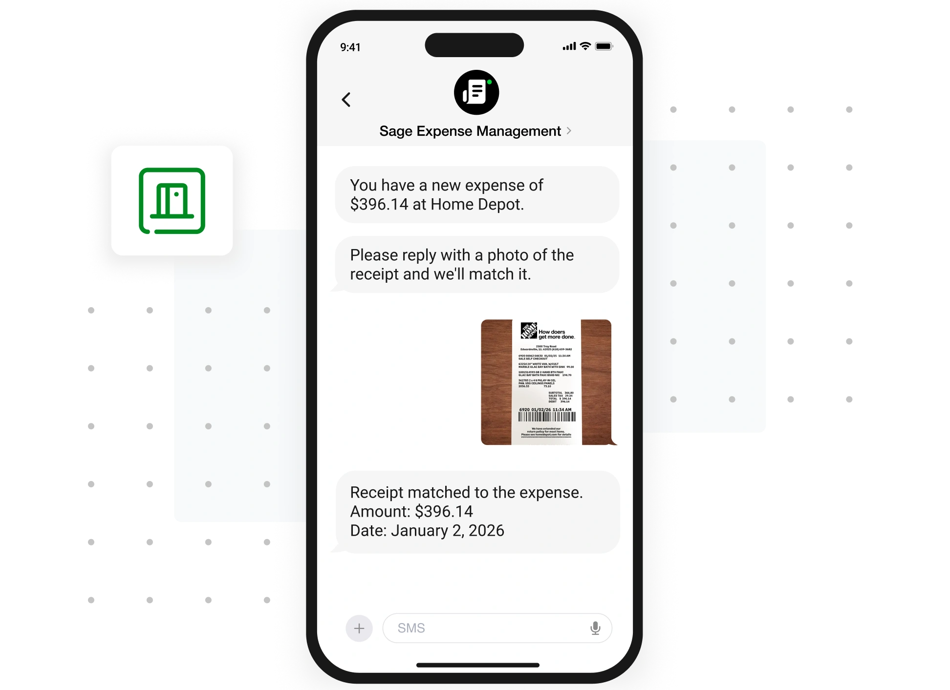 Mobile phone screen showing receipt capture via text message, where an uploaded receipt is automatically matched to a transaction for QuickBooks reconciliation.