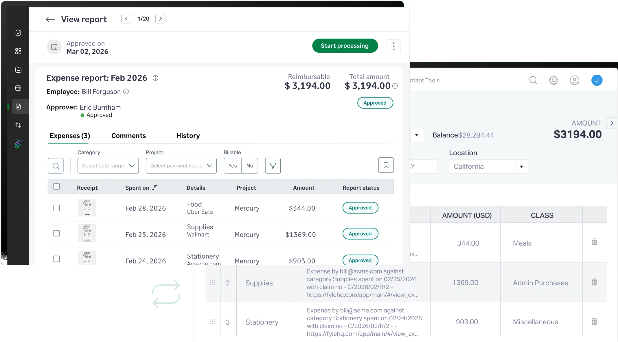 Side-by-side dashboard view of Sage Expense Management and QuickBooks showing an automated expense report sync and reconciliation.