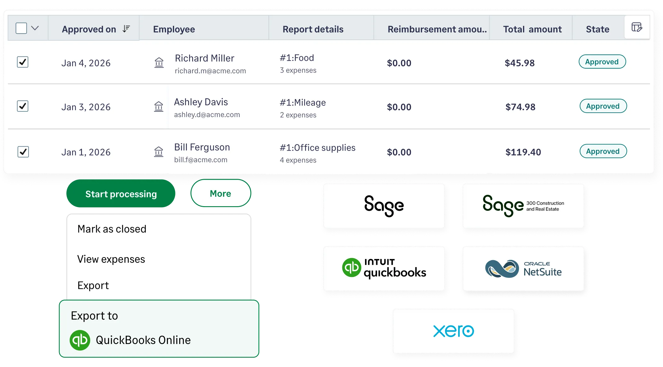 Sage expense management integrations with QuickBooks, NetSuite, Xero, and Sage 300 Construction and Real Estate for automated expense tracking