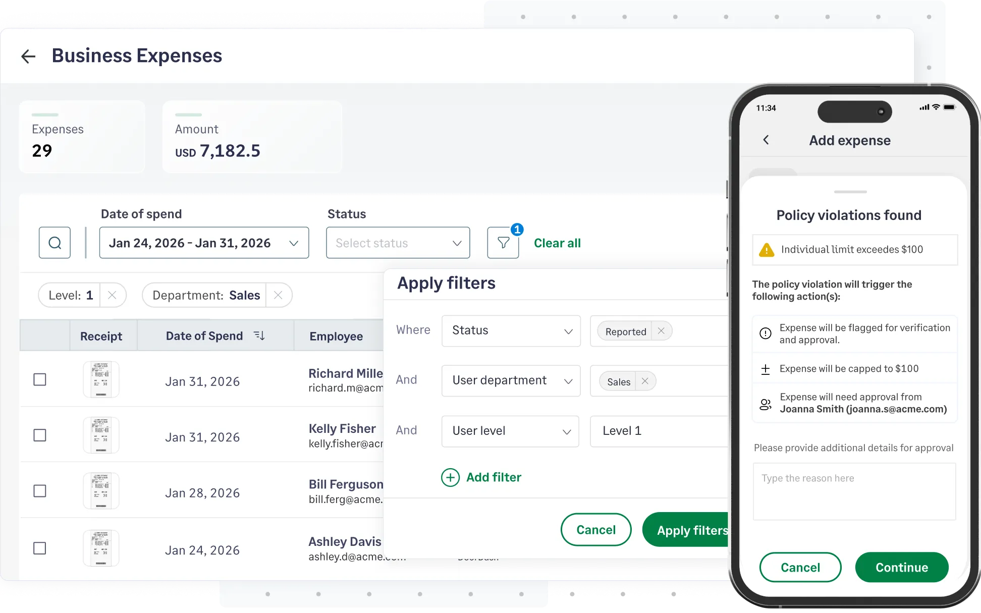 Real estate expense policy enforcement dashboard showing automated alerts for budget violations on property staging and agent travel costs