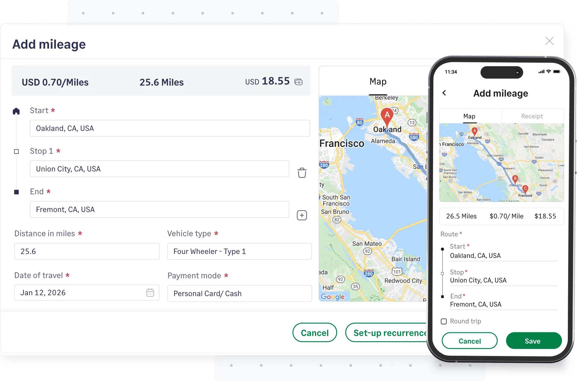 Real estate mileage tracking interface for agent travel between property listings and client showings
