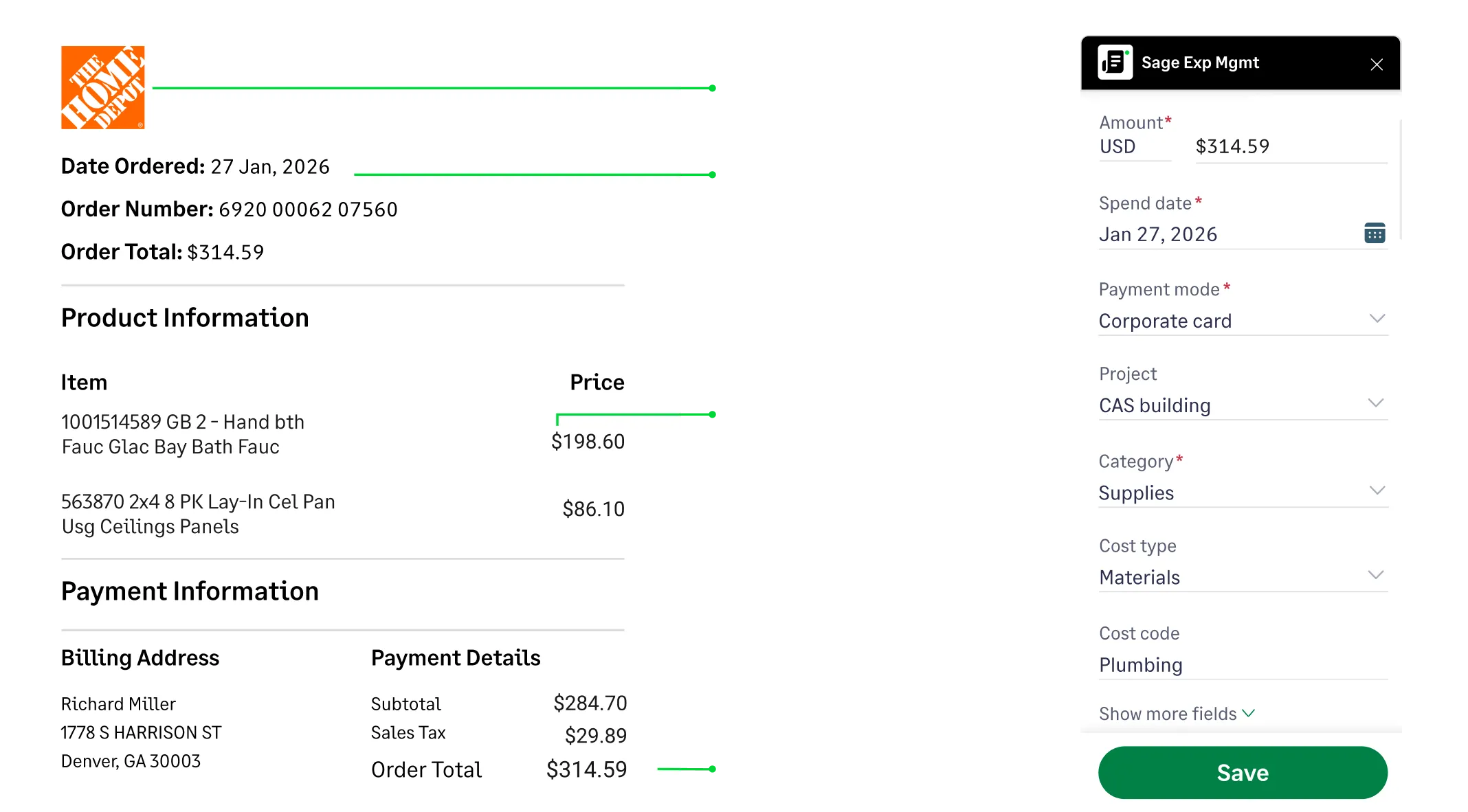 Real estate expense tracking interface showing a receipt being coded to a specific project and cost code.