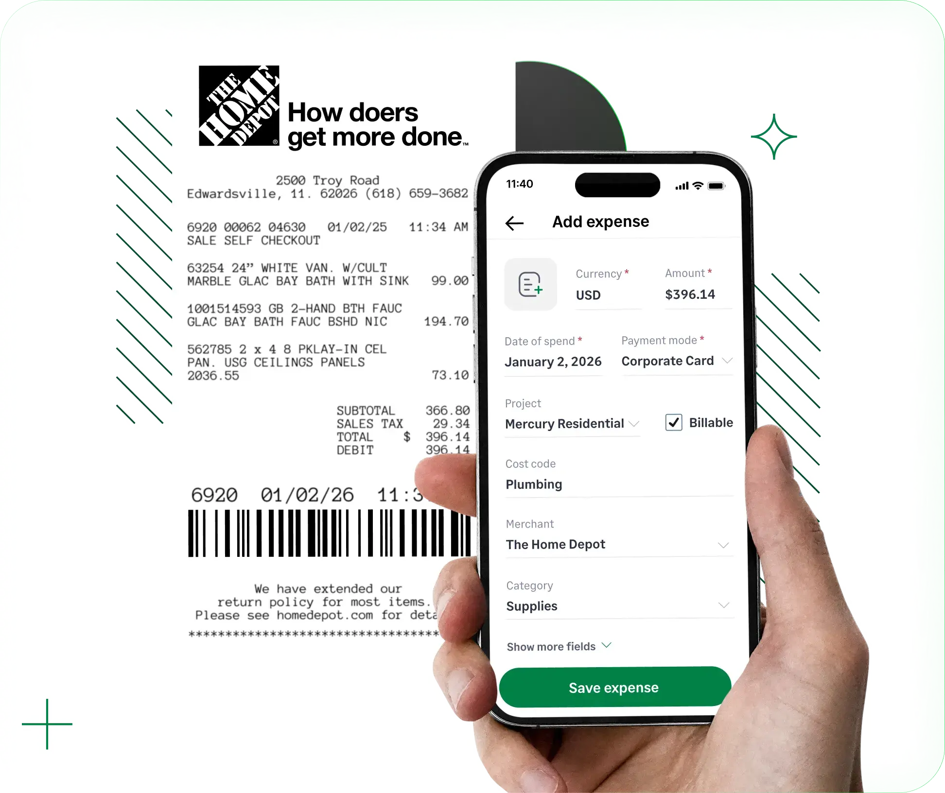 A hand holding a smartphone to scan a paper receipt using a mobile app, showing automated receipt capture.