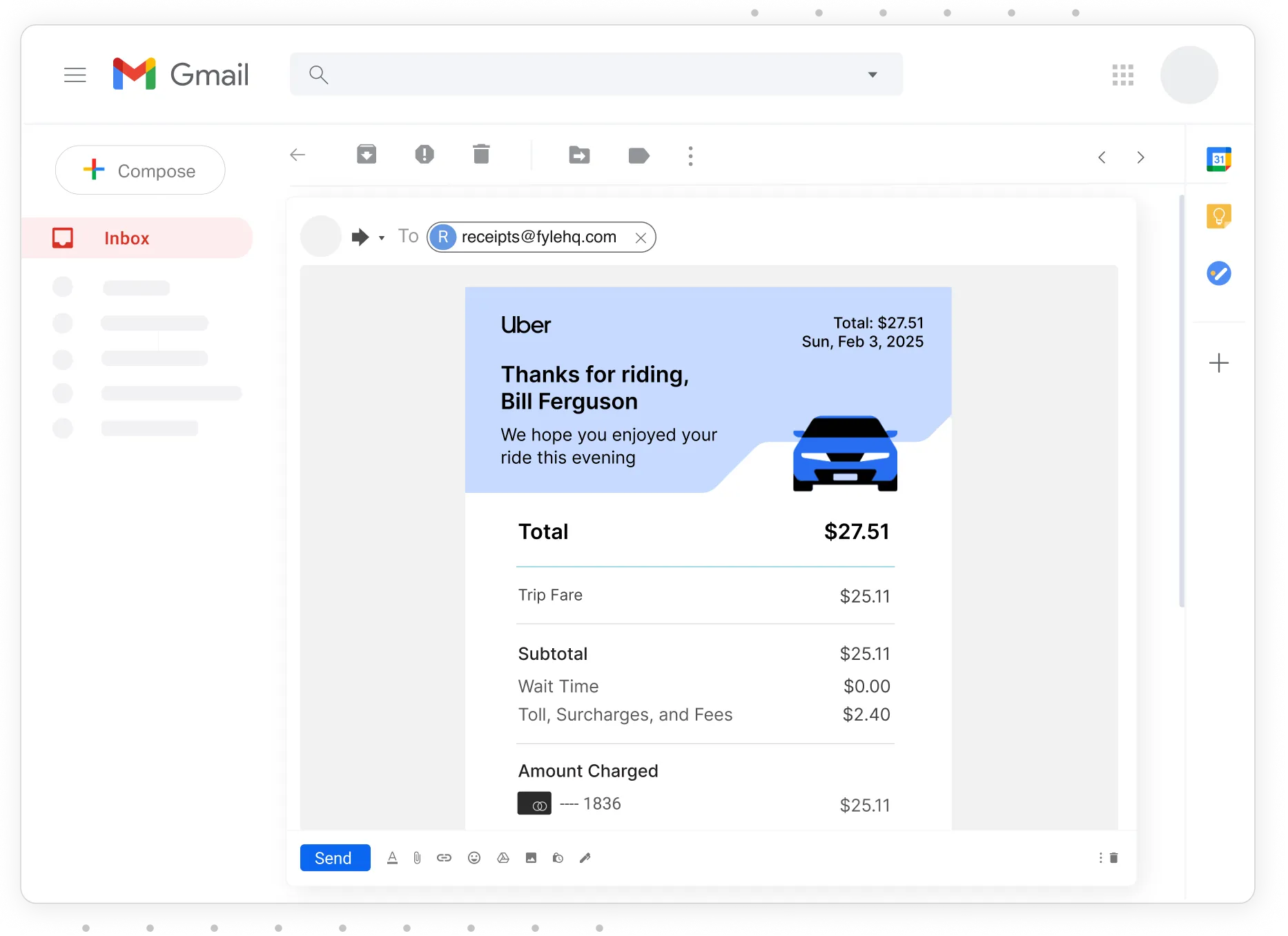 Send in receipts with email forwarding