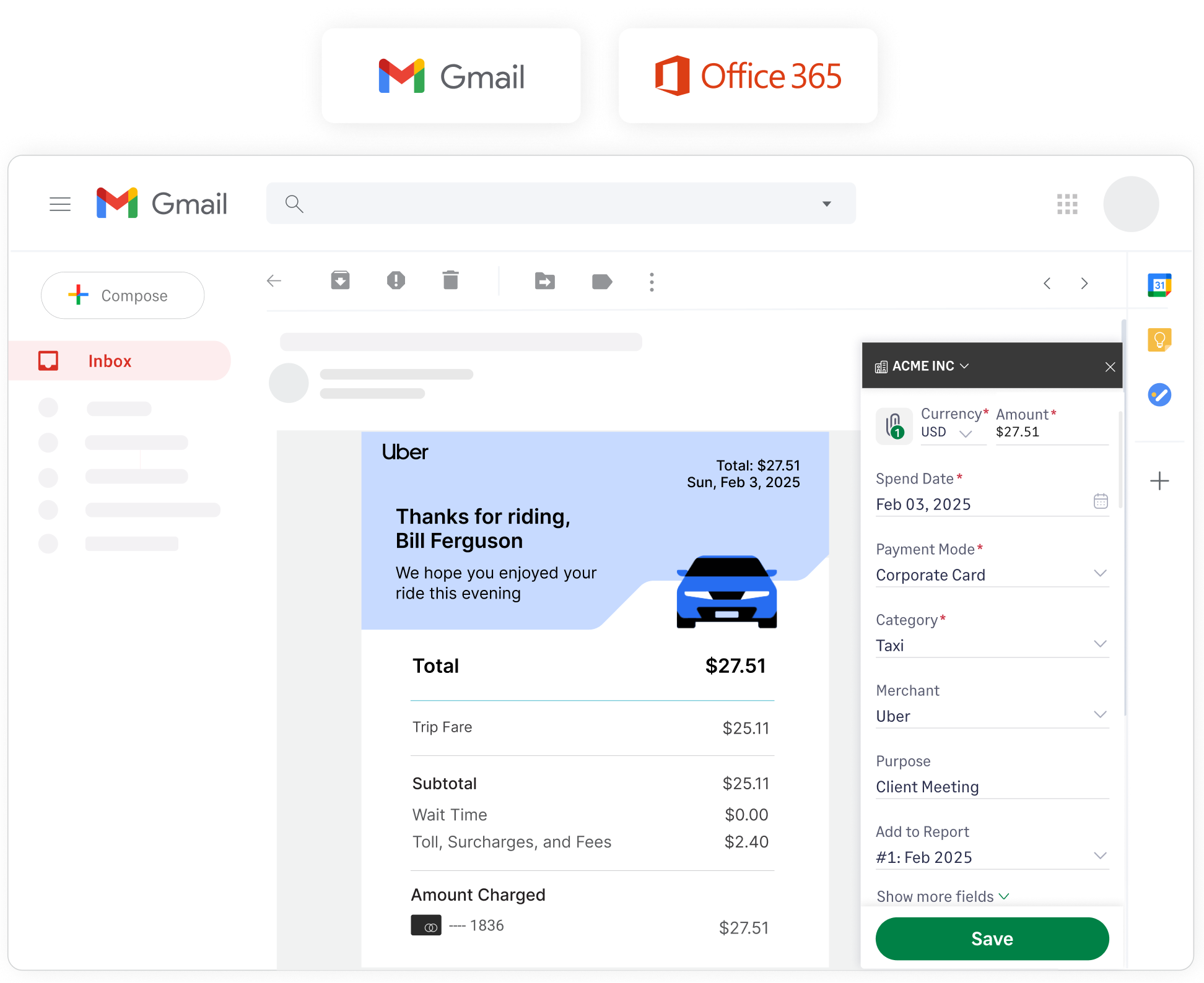 Attach receipts from Gmail and Outlook