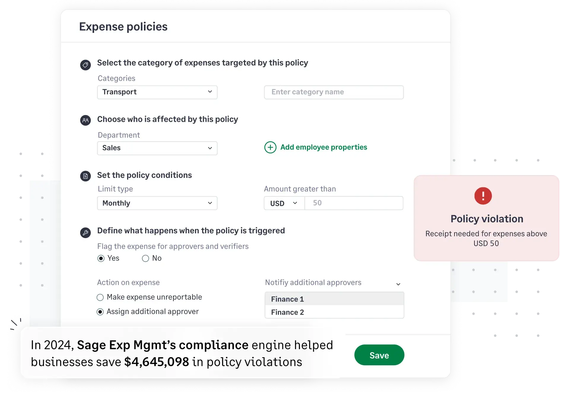 Stay compliant with Sage Expense Management's pre-submission policy checks