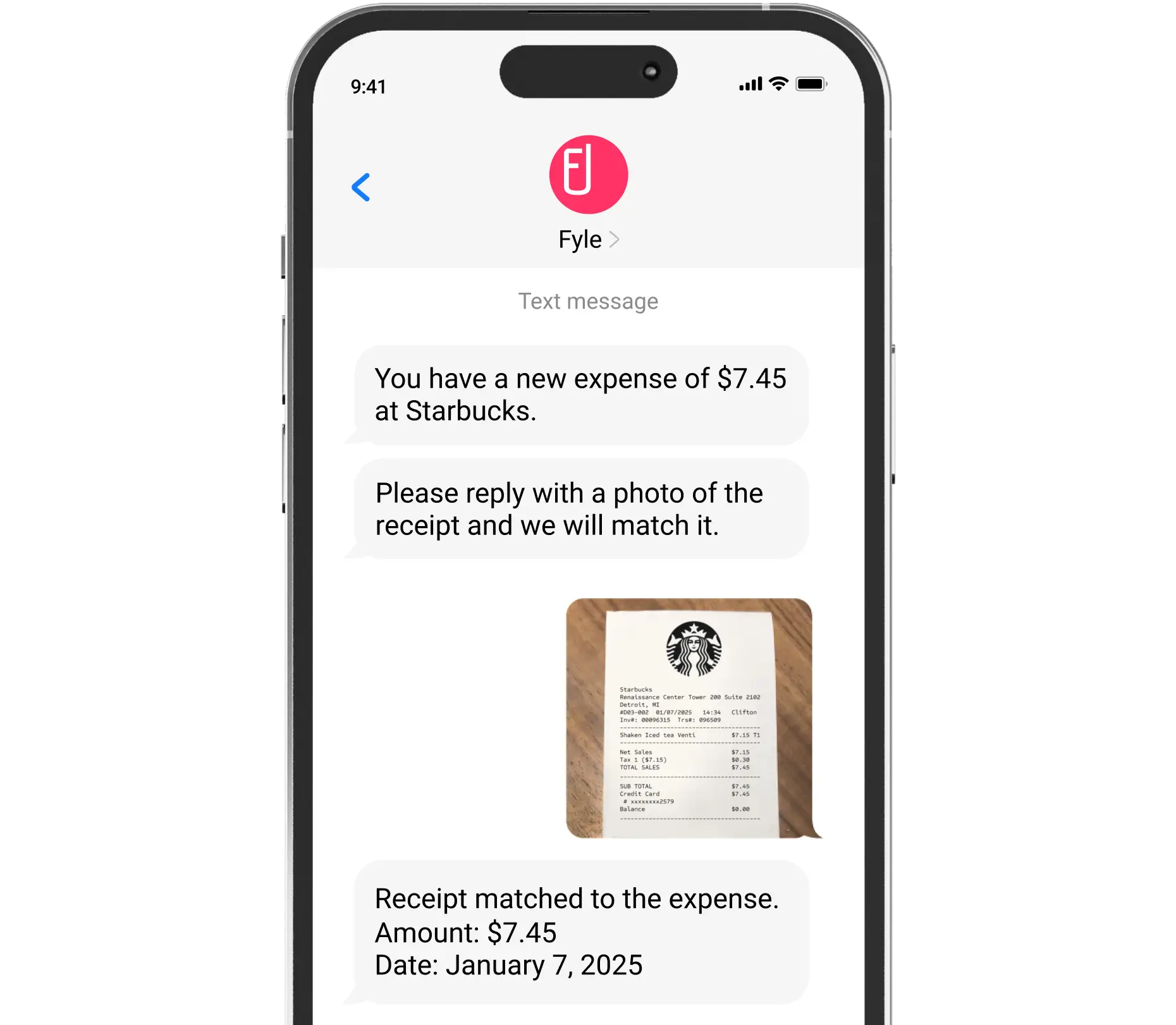 Submit receipt photo via text message for easy tracking with Fyle
