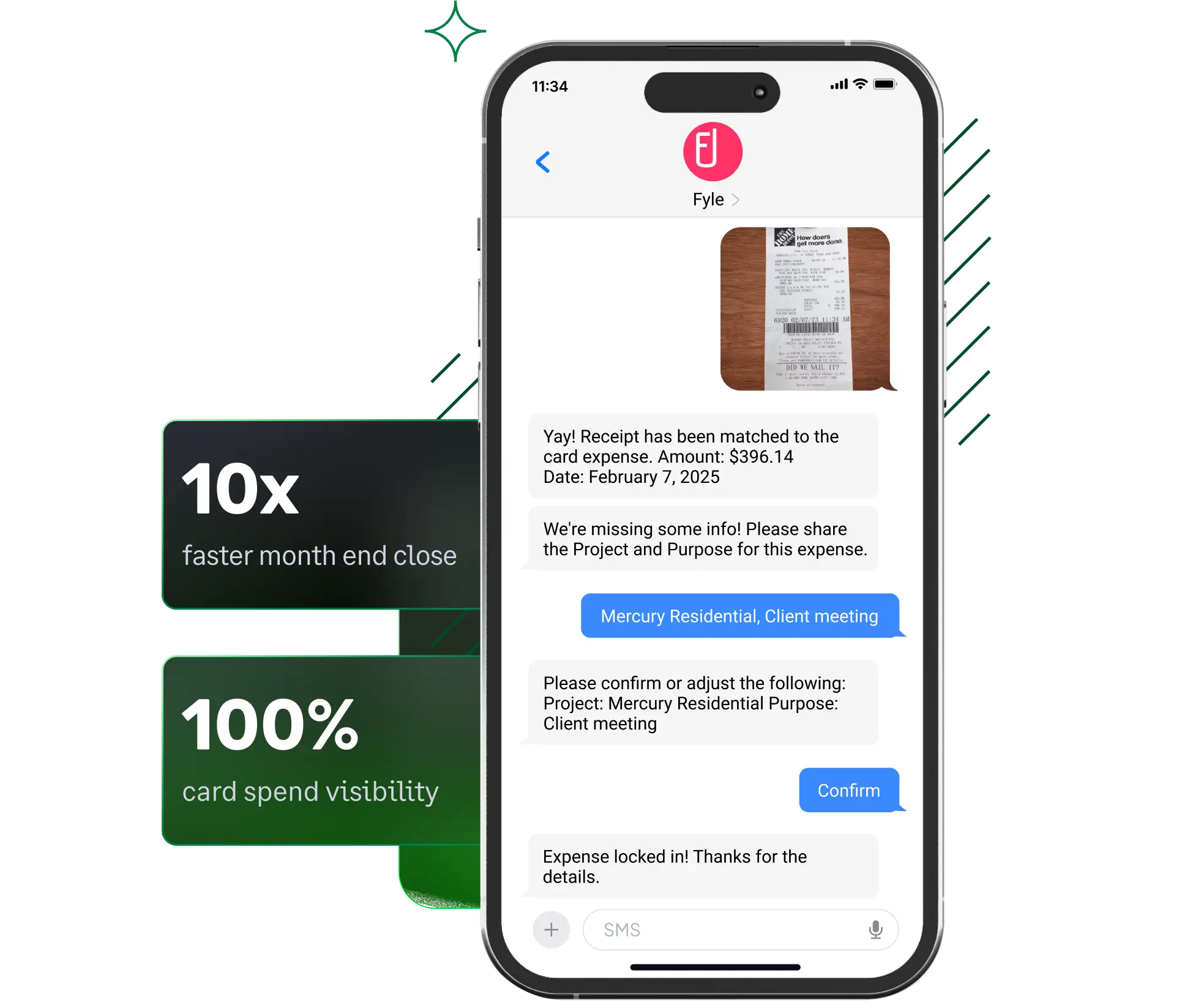Fyle's text message receipt scanning and submission feature