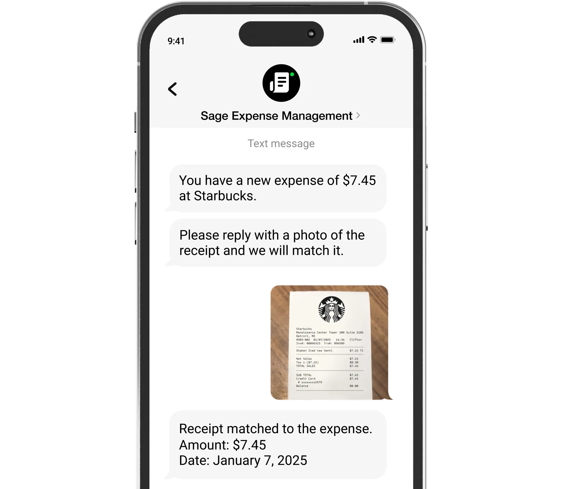 Submit receipt photo via text message for easy tracking with Sage Expense Management