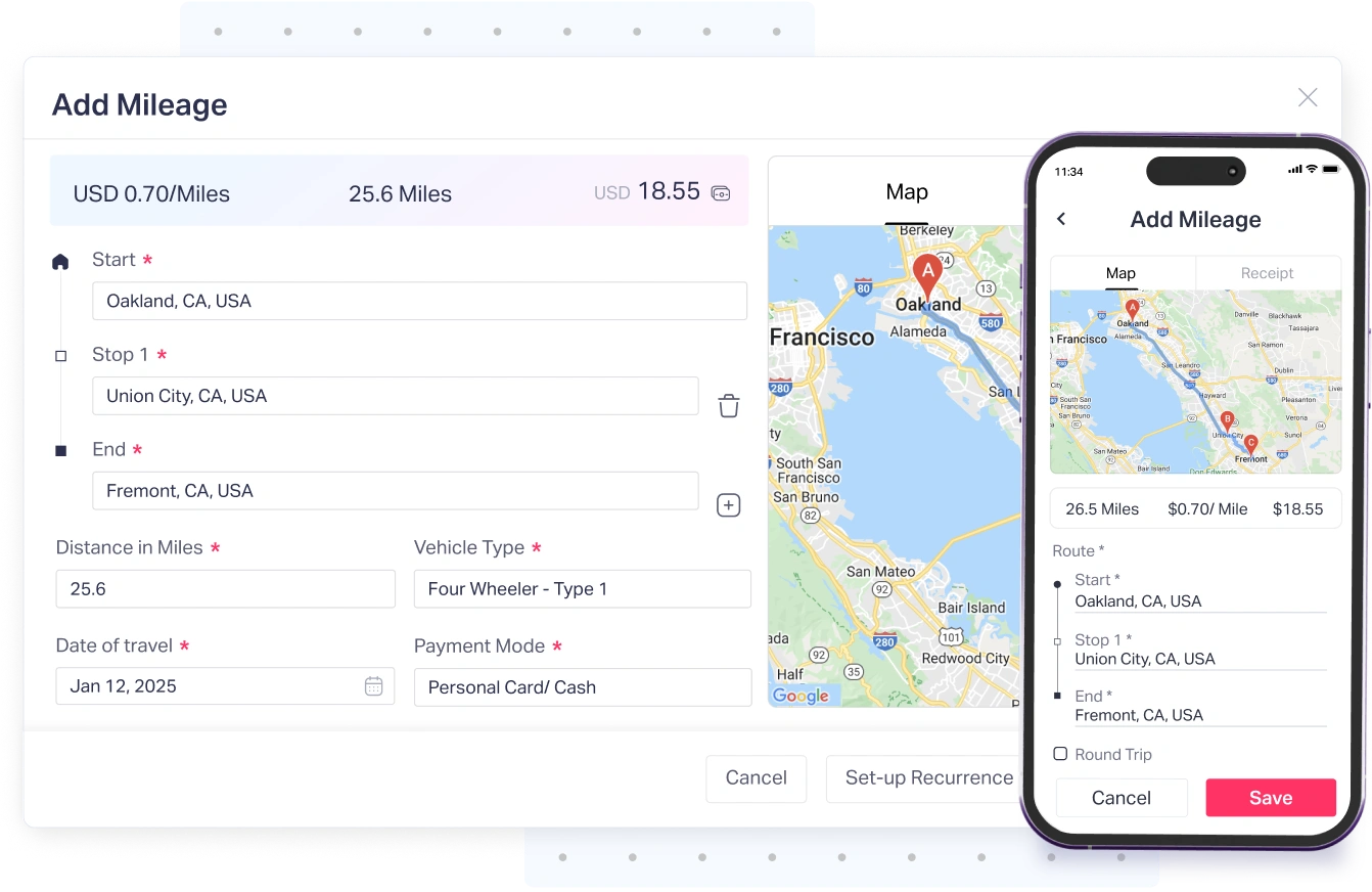 Fyle's mileage tracker for business powered by Google Maps for accurate business mileage tracking