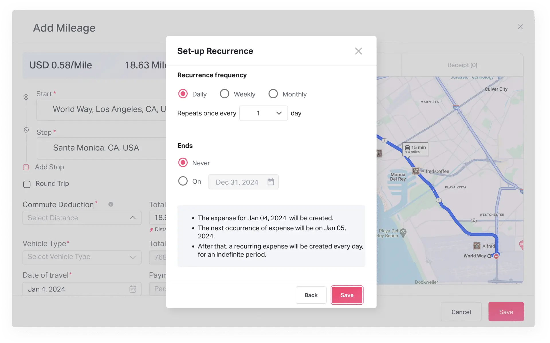 Set up recurring mileage expenses in Fyle - the best app to track mileage for business
