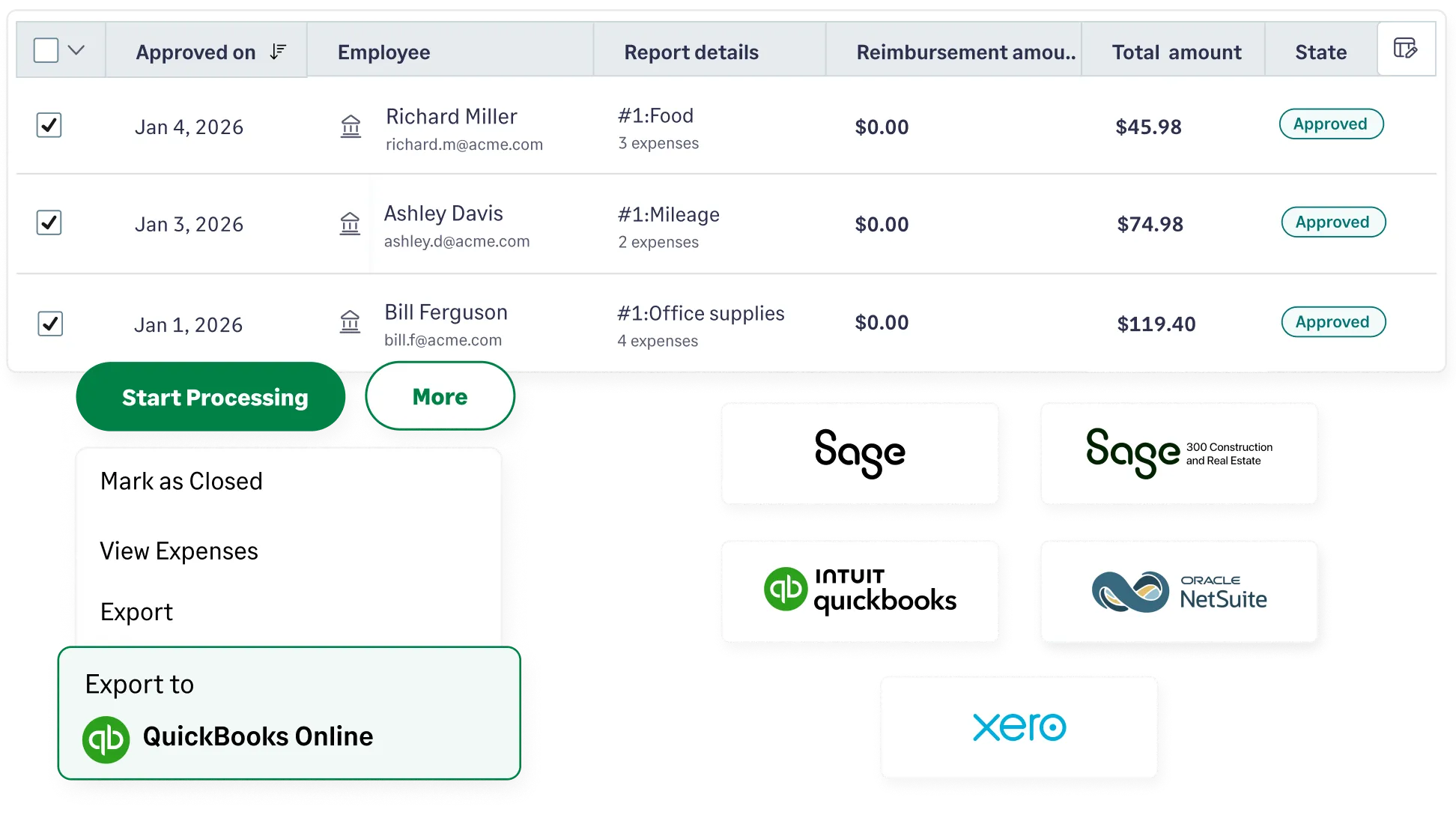 Logos of QuickBooks, NetSuite, Xero, and Sage Business Cloud that integrate with Sage Expense Management