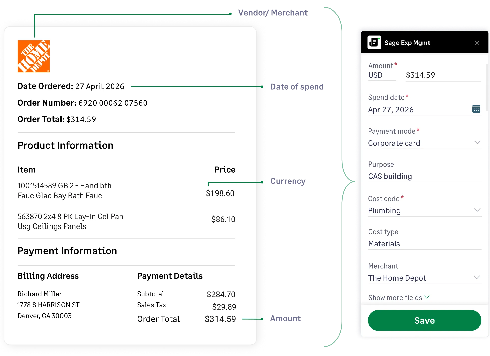 Sage Expense Management auto-extracting details from a digital invoice.