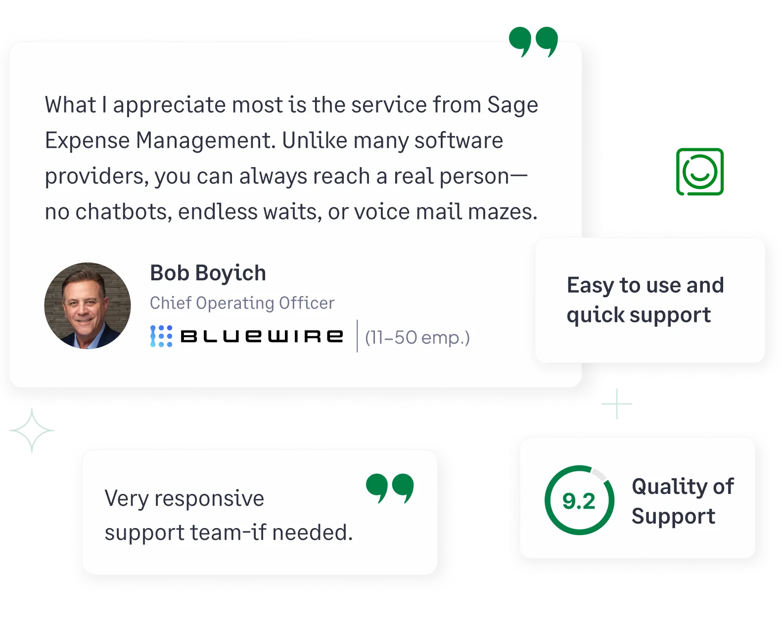 Customer reviews and support ratings highlighting Sage Expense Management's responsive customer success team.