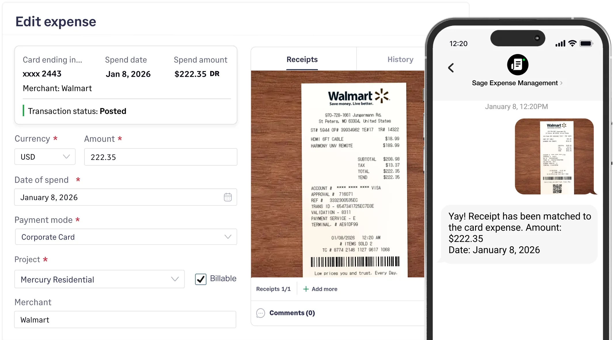 Sage Expense Management Conversational AI prompting a user to categorize a project and purpose via text message.