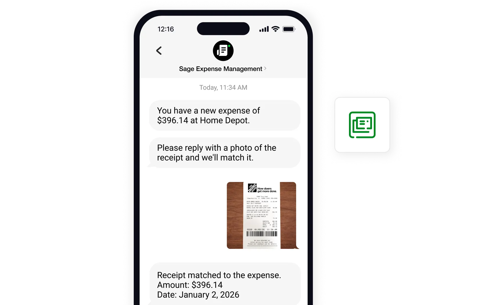 Sage Expense Management software confirming a successful receipt match for a card purchase via text.