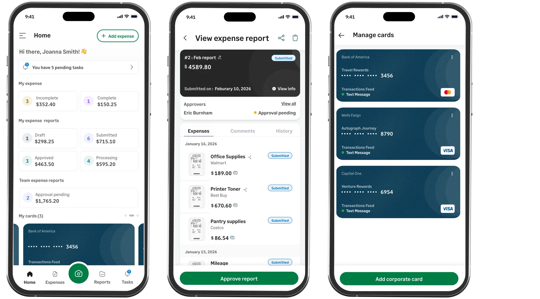 Sage Expense Management software mobile app showing expense reports, manual entry, and mileage tracking features.