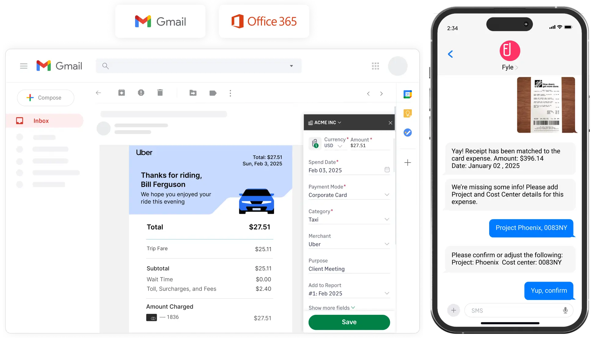 Capture expense receipts from Gmail, Slack, Outlook, text message or mobile app